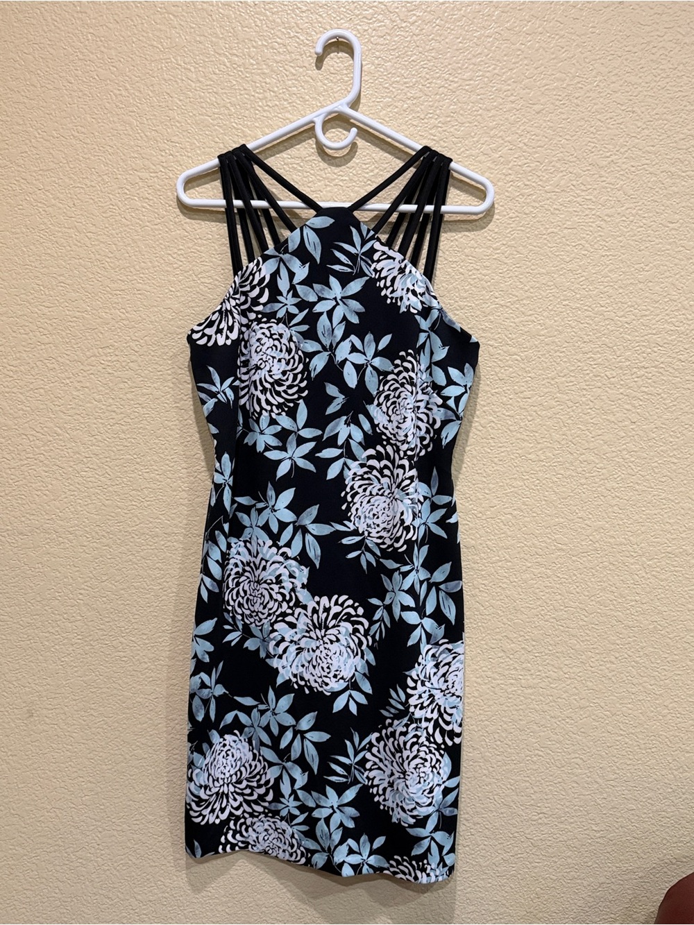 Connected Apparel Floral Cage Neck Sheath Dress Black Blue White Size 10